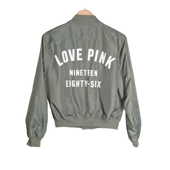 PINK Victoria's Secret Jackets & Blazers - Victoria's Secret PINK Full Zip Flight Jacket Sz XS Sage Green White Bomber